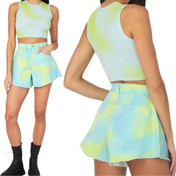 NWT WeWoreWhat Flare HighRise Bell Short Tye Dye Stretch Twill Denim size 26 4 - Picture 1 of 10